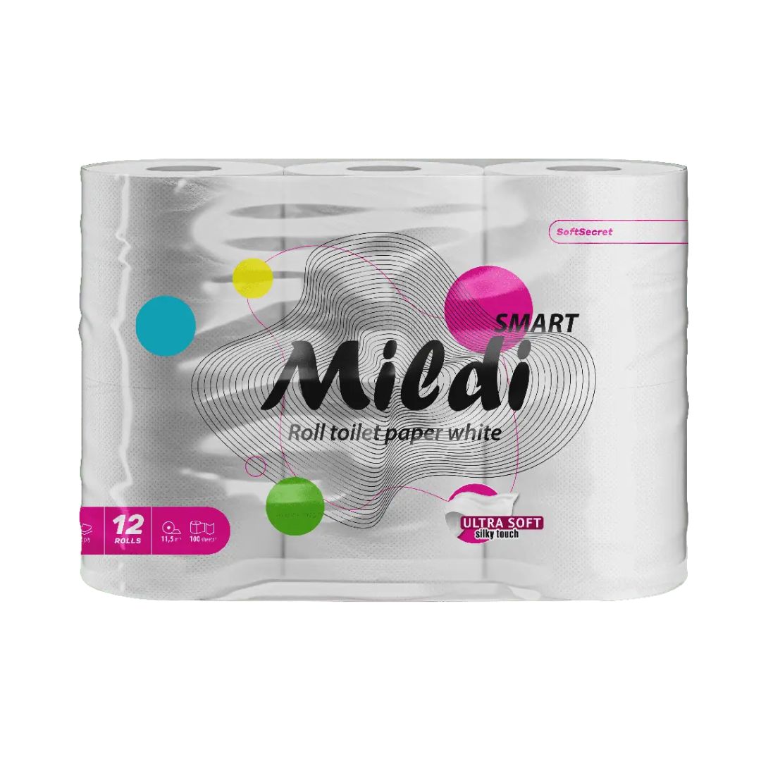 Папір туалетний "Mildi Smart"  з тисненням 2-шаровий білий на втулці/12рул