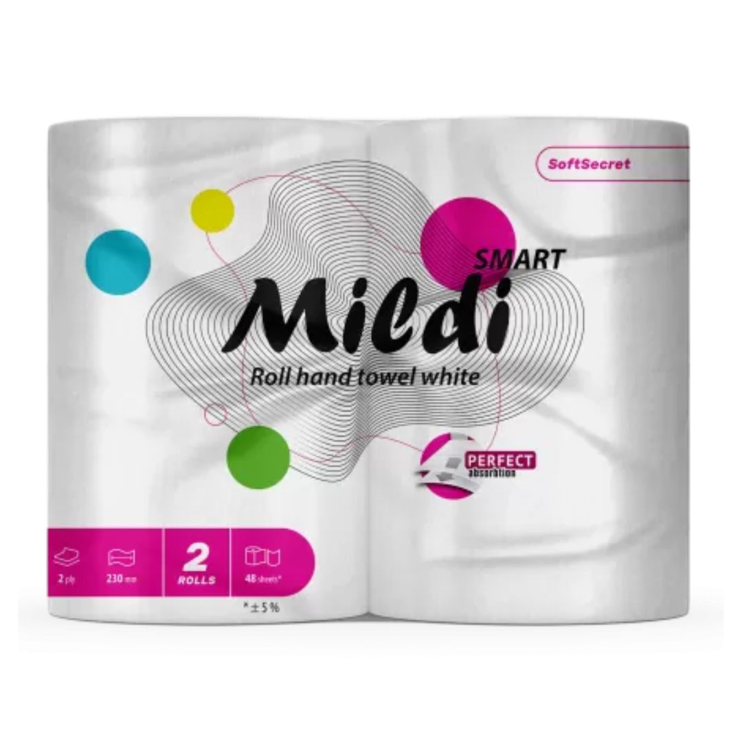 Рушник паперовий "Mildi Smart"  з тисненням 11м*21см 2-шаровий білий на втулці/2рул