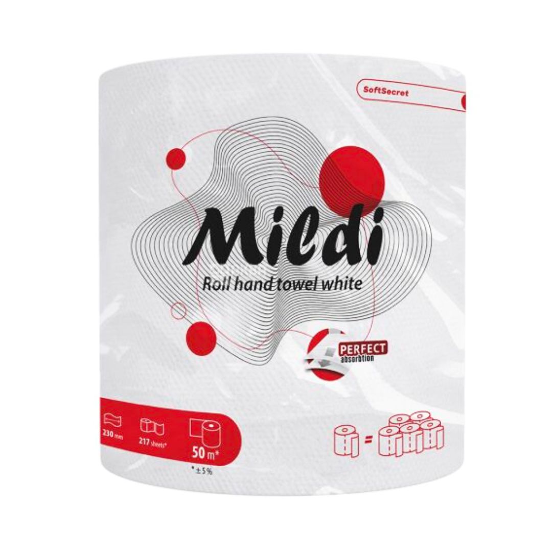 Рушник паперовий "Mildi Sof Secret"  з тисненням 50м*23 2-шаровий білий на втулці/рул